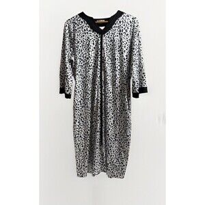 Ekouaer Robe Housecoat Women’s Small Black White Animal Print Zip Up Knee Length